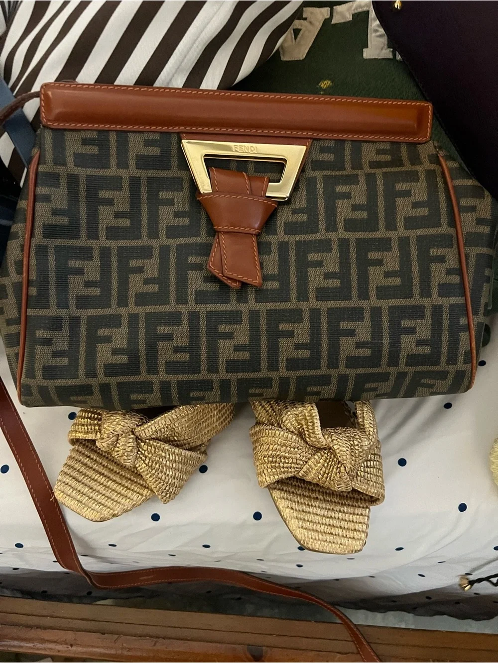 Fendi Brown FF Logo Satchel with Tan Leather Trim